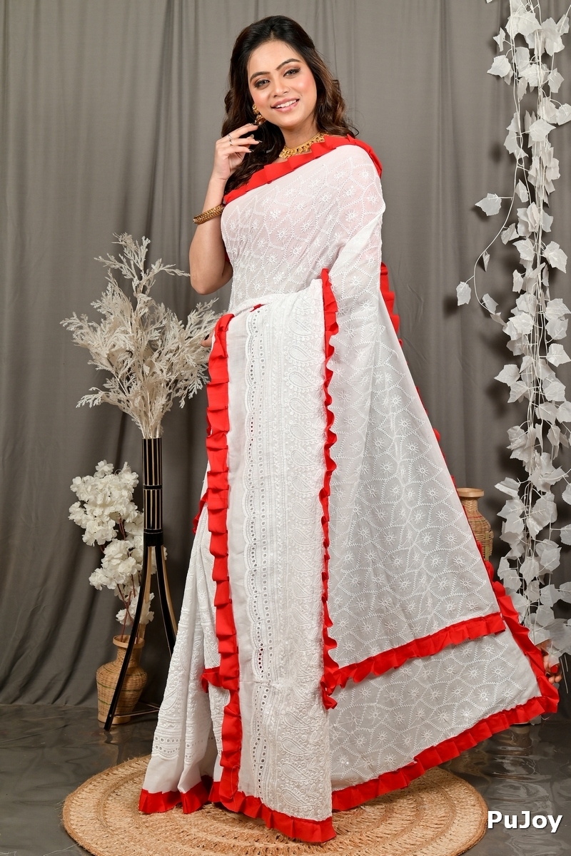 White Red Pure Cotton Borma Hand Loom Saree (3138)
