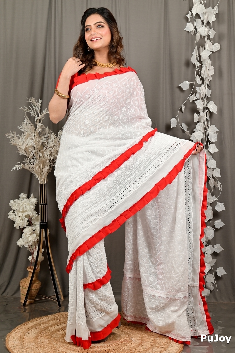 White Red Pure Cotton Borma Hand Loom Saree (3138)