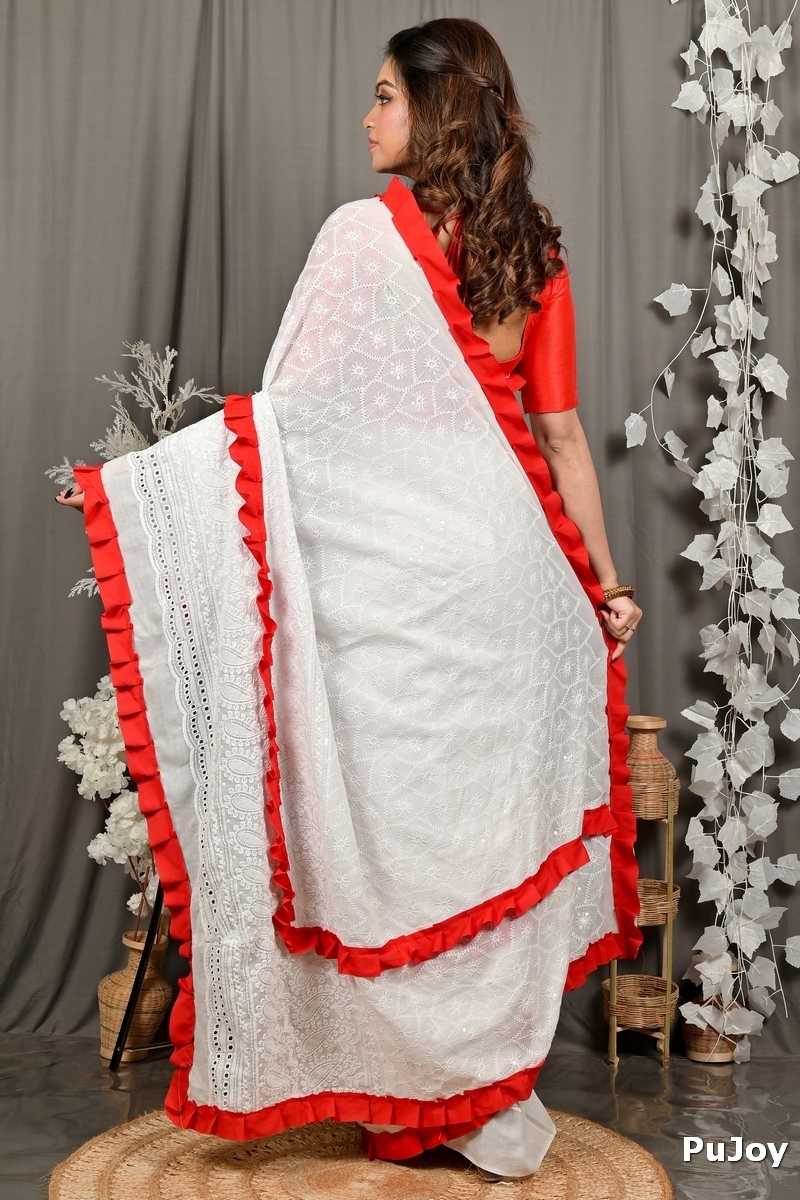 White Red Pure Cotton Borma Hand Loom Saree (3138)