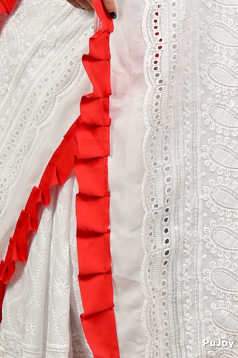 White Red Pure Cotton Borma Hand Loom Saree (3138)