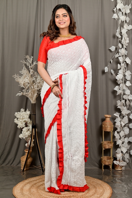 White Red Pure Cotton Borma Hand Loom Saree (3138)