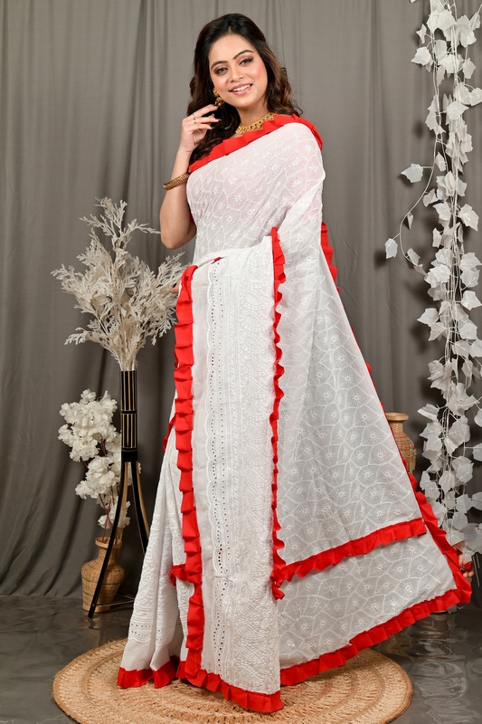 White Red Pure Cotton Borma Hand Loom Saree (3138)