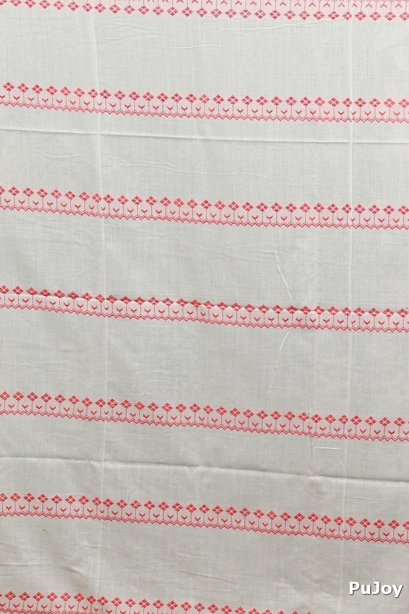 White Red Pure Cotton Borma Hand Loom Saree (3139)