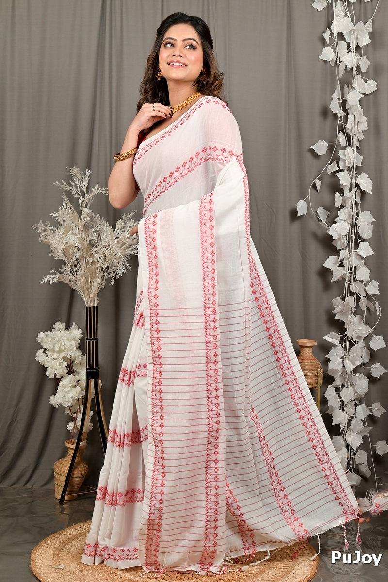 White Red Pure Cotton Borma Hand Loom Saree (3139)