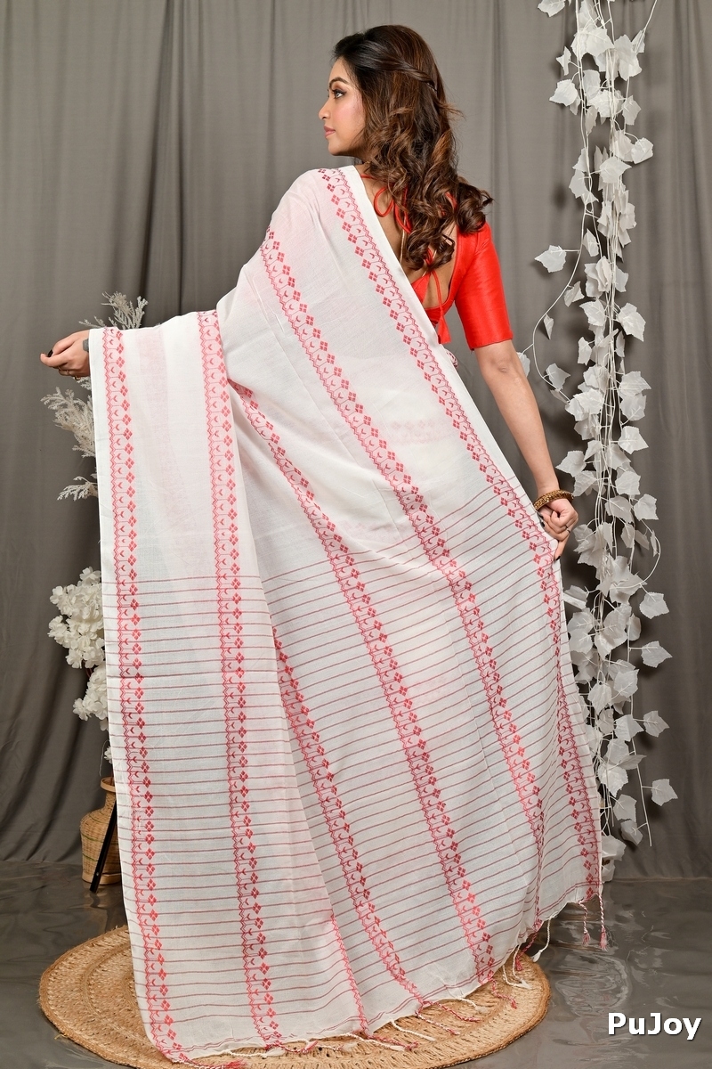 White Red Pure Cotton Borma Hand Loom Saree (3139)