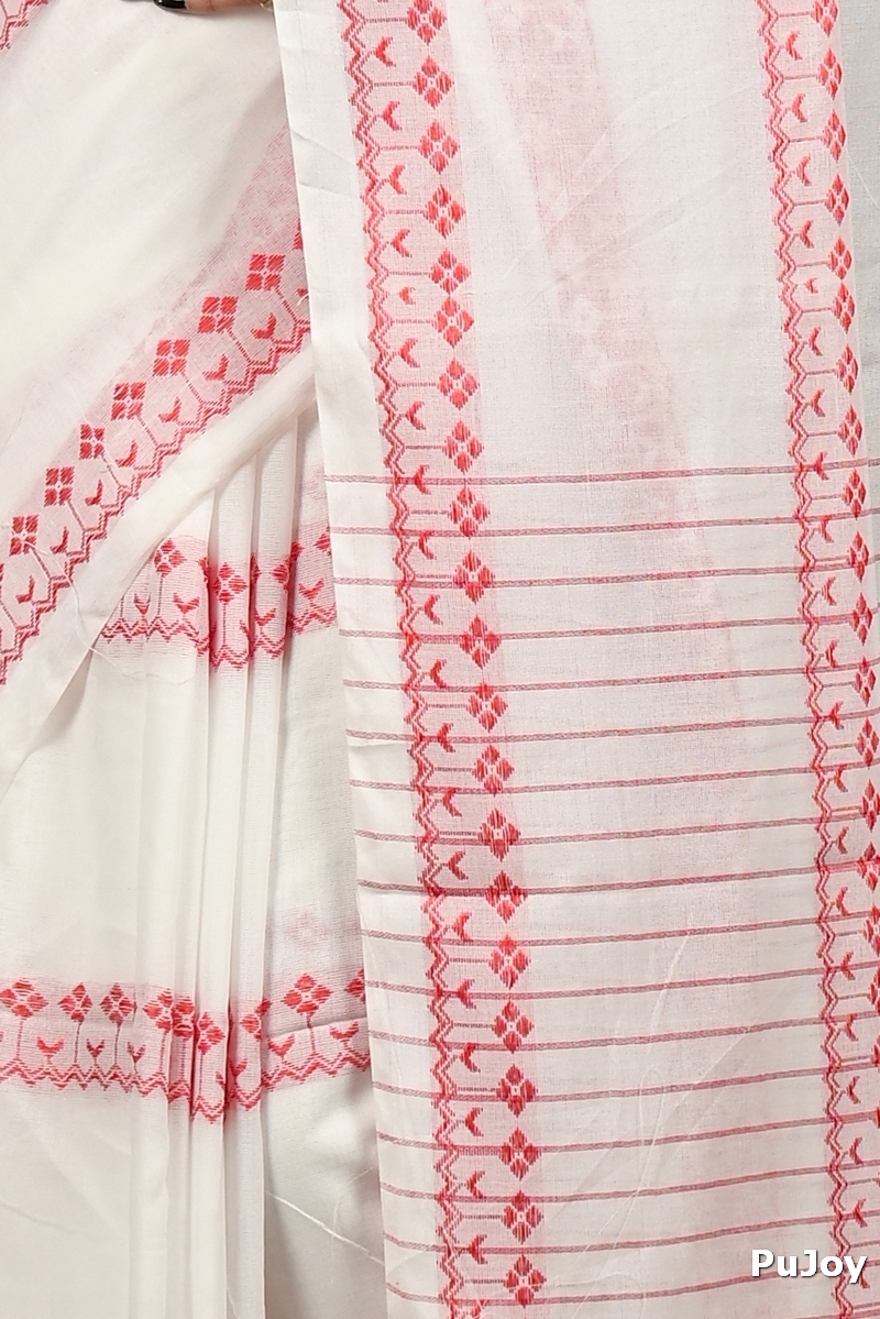 White Red Pure Cotton Borma Hand Loom Saree (3139)