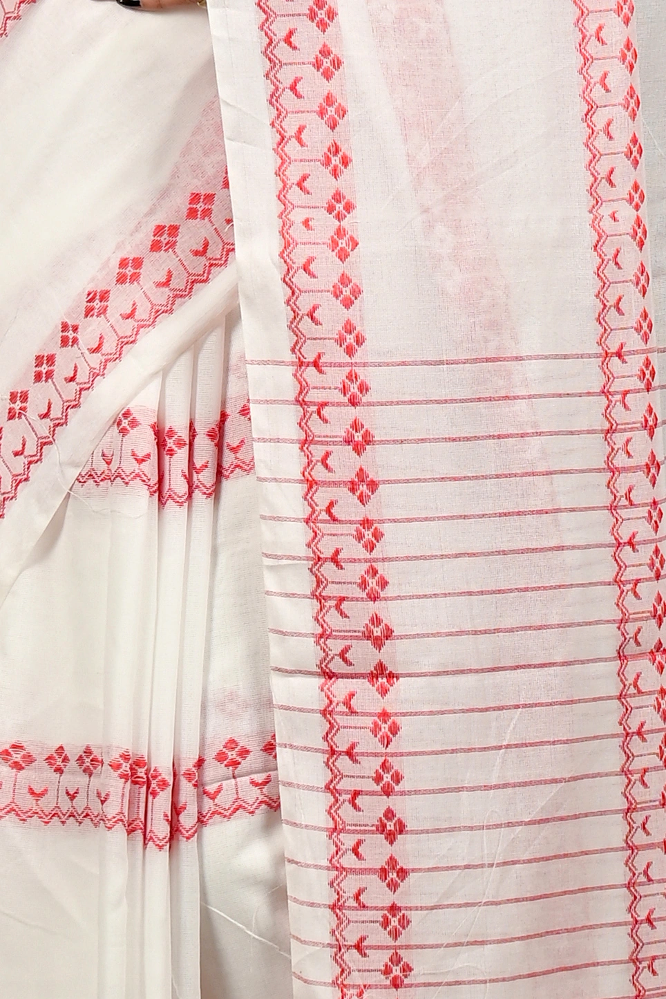 White Red Pure Cotton Borma Hand Loom Saree (3139)