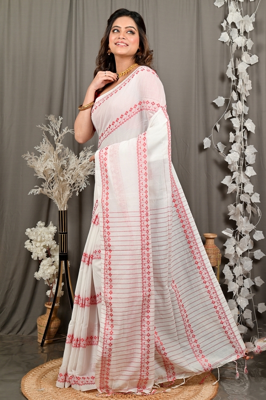 White Red Pure Cotton Borma Hand Loom Saree (3139)