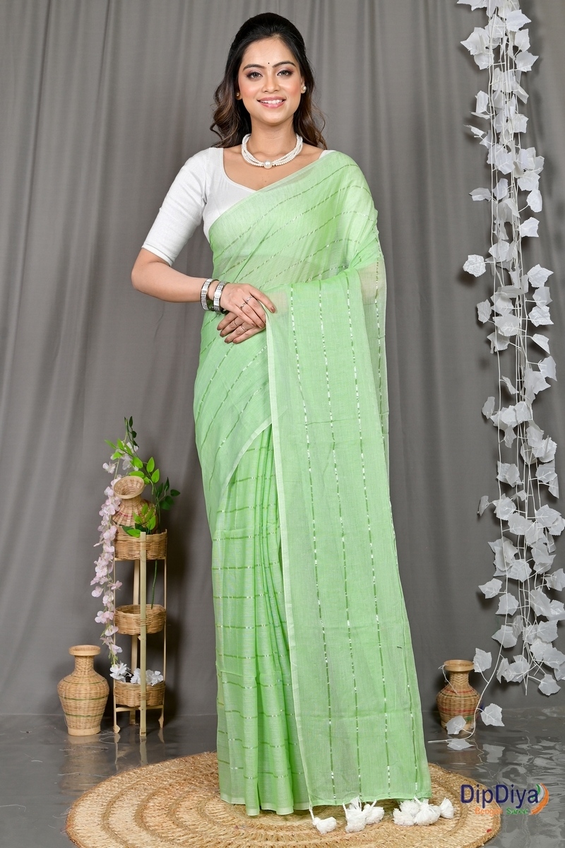 Light Green Mal Cotton Pari Hand Loom Saree (314)