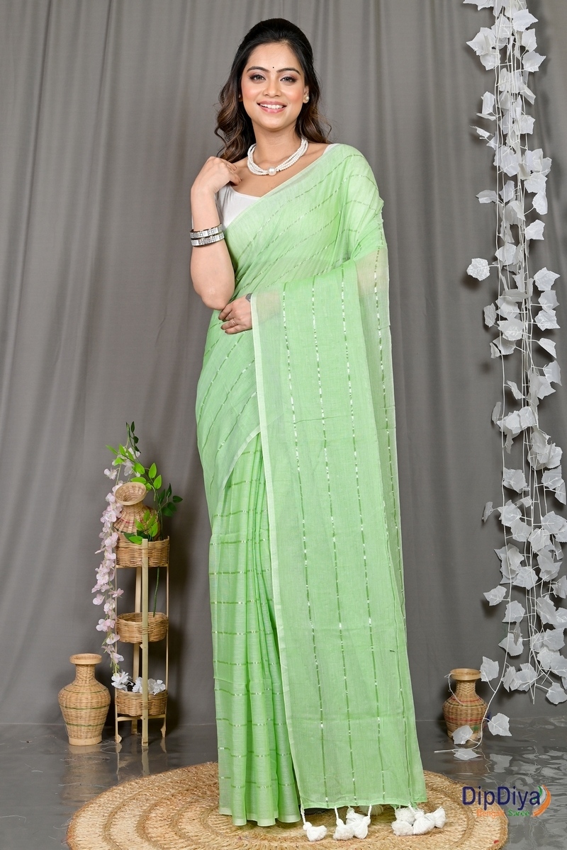 Light Green Mal Cotton Pari Hand Loom Saree (314)