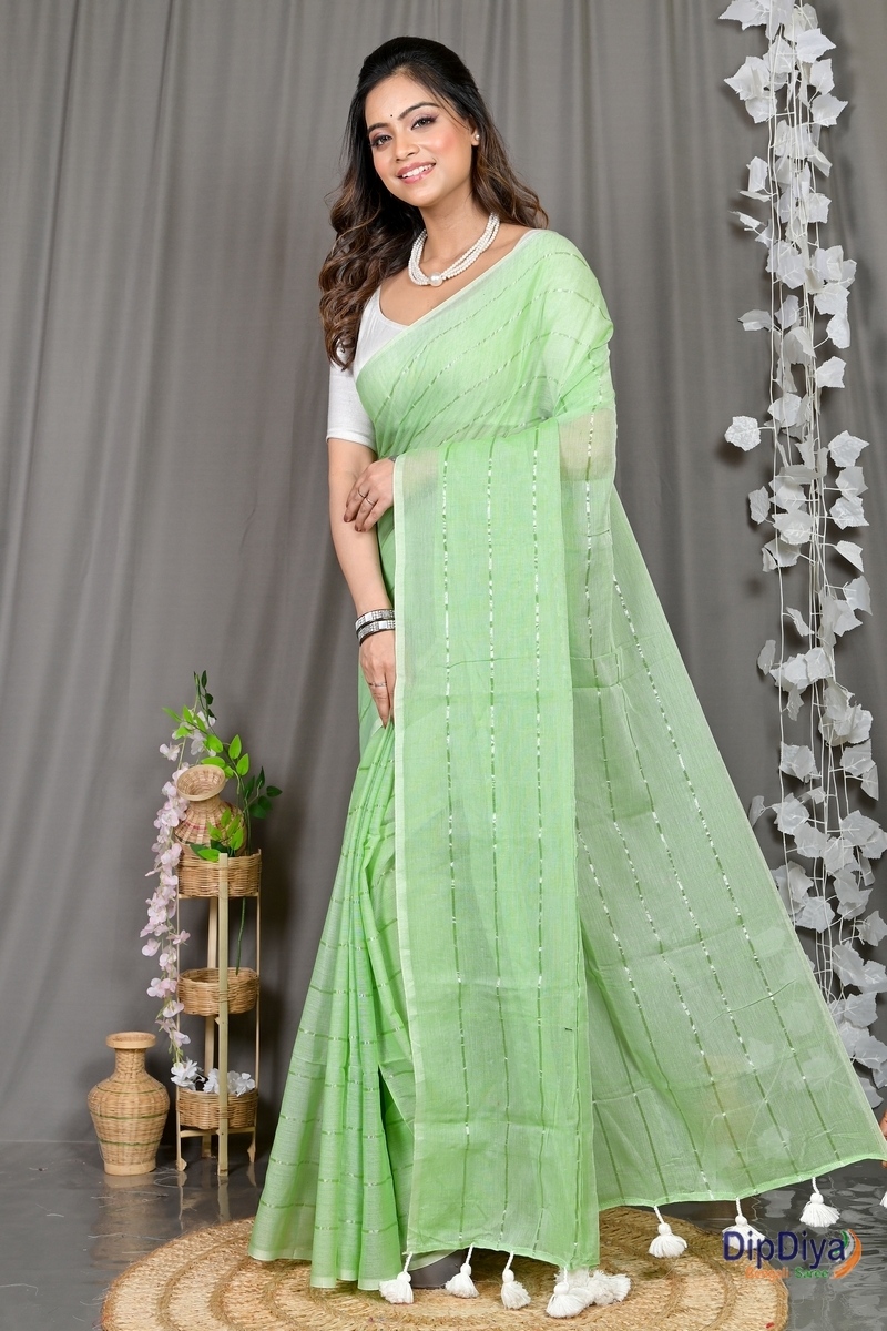 Light Green Mal Cotton Pari Hand Loom Saree (314)