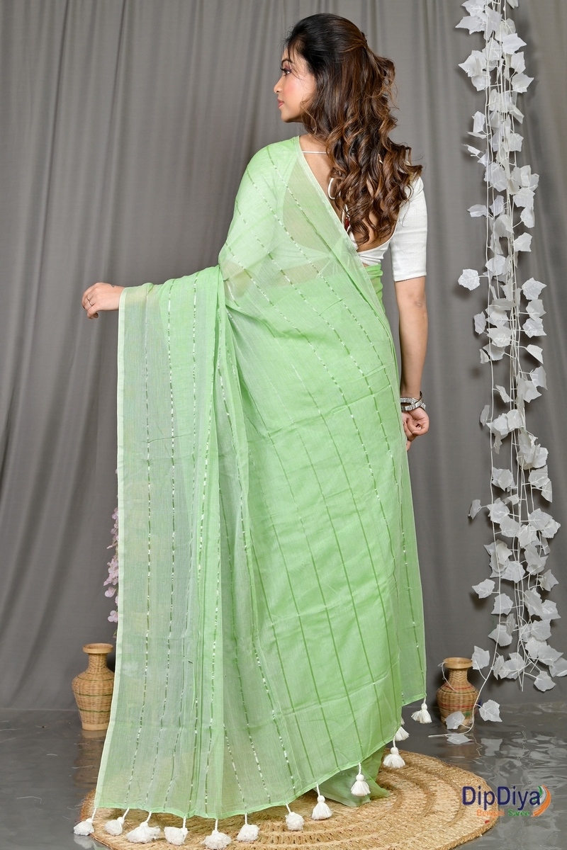 Light Green Mal Cotton Pari Hand Loom Saree (314)