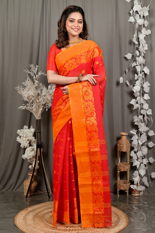 Red Pure Cotton Heruka Tant Saree (3140)