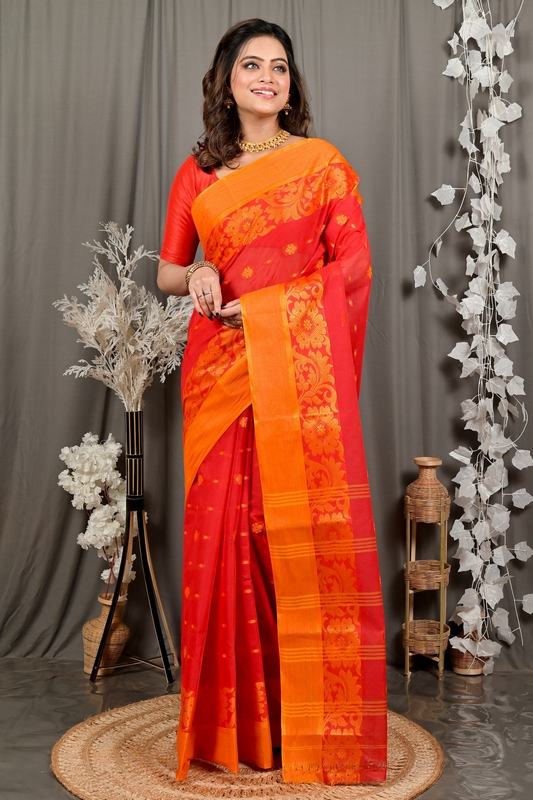 Red Pure Cotton Heruka Tant Saree (3140)