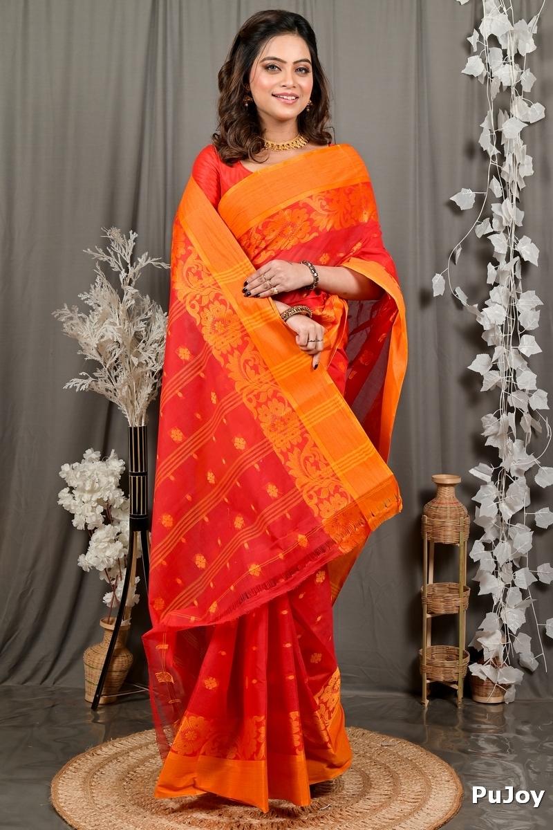 Red Pure Cotton Heruka Tant Saree (3140)