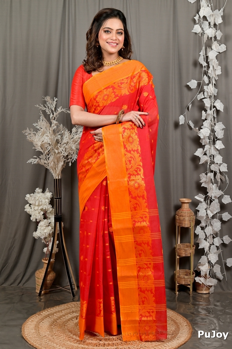 Red Pure Cotton Heruka Tant Saree (3140)