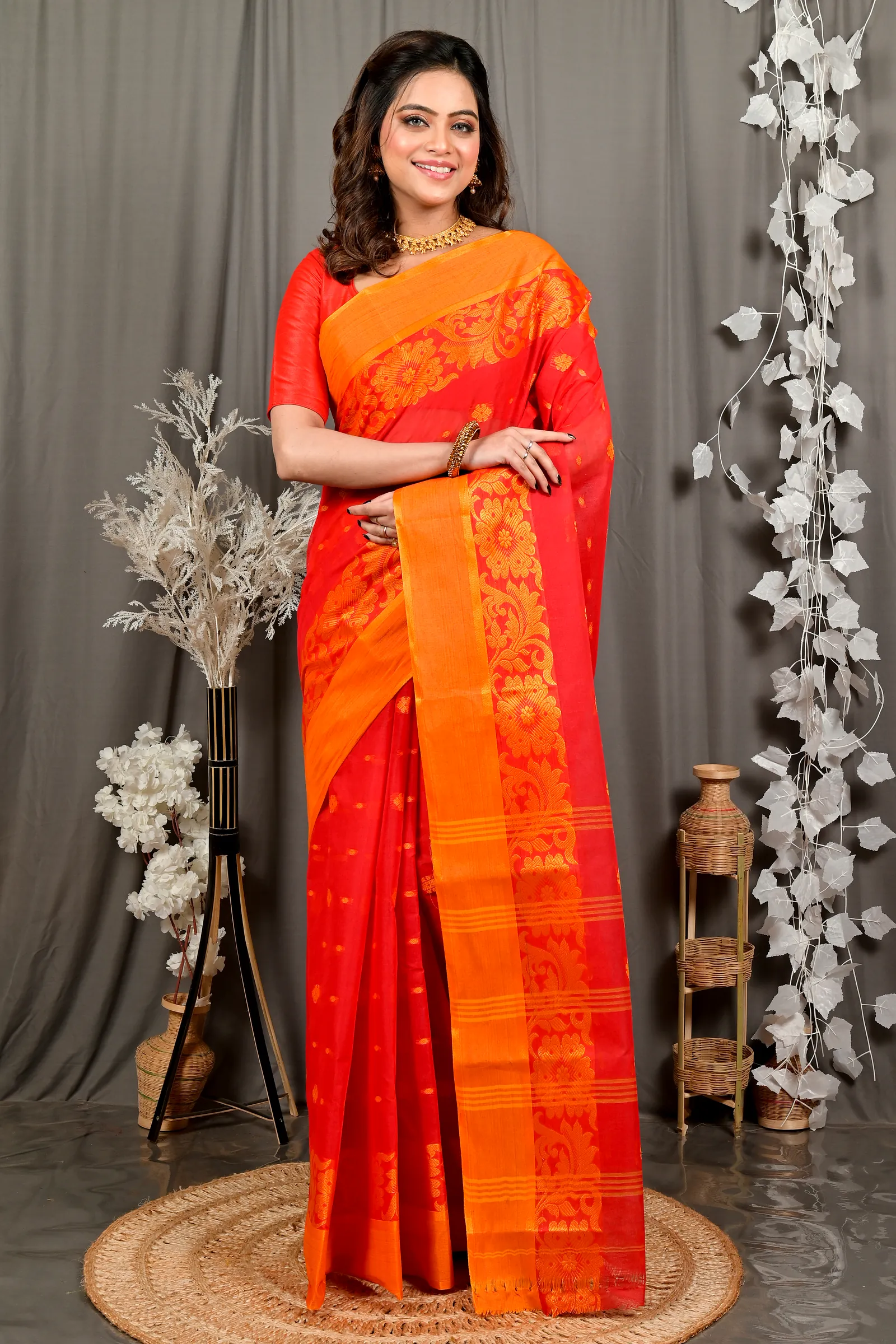 Red Pure Cotton Heruka Tant Saree (3140)