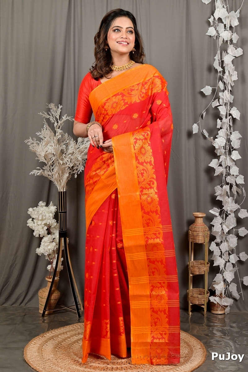 Red Pure Cotton Heruka Tant Saree (3140)