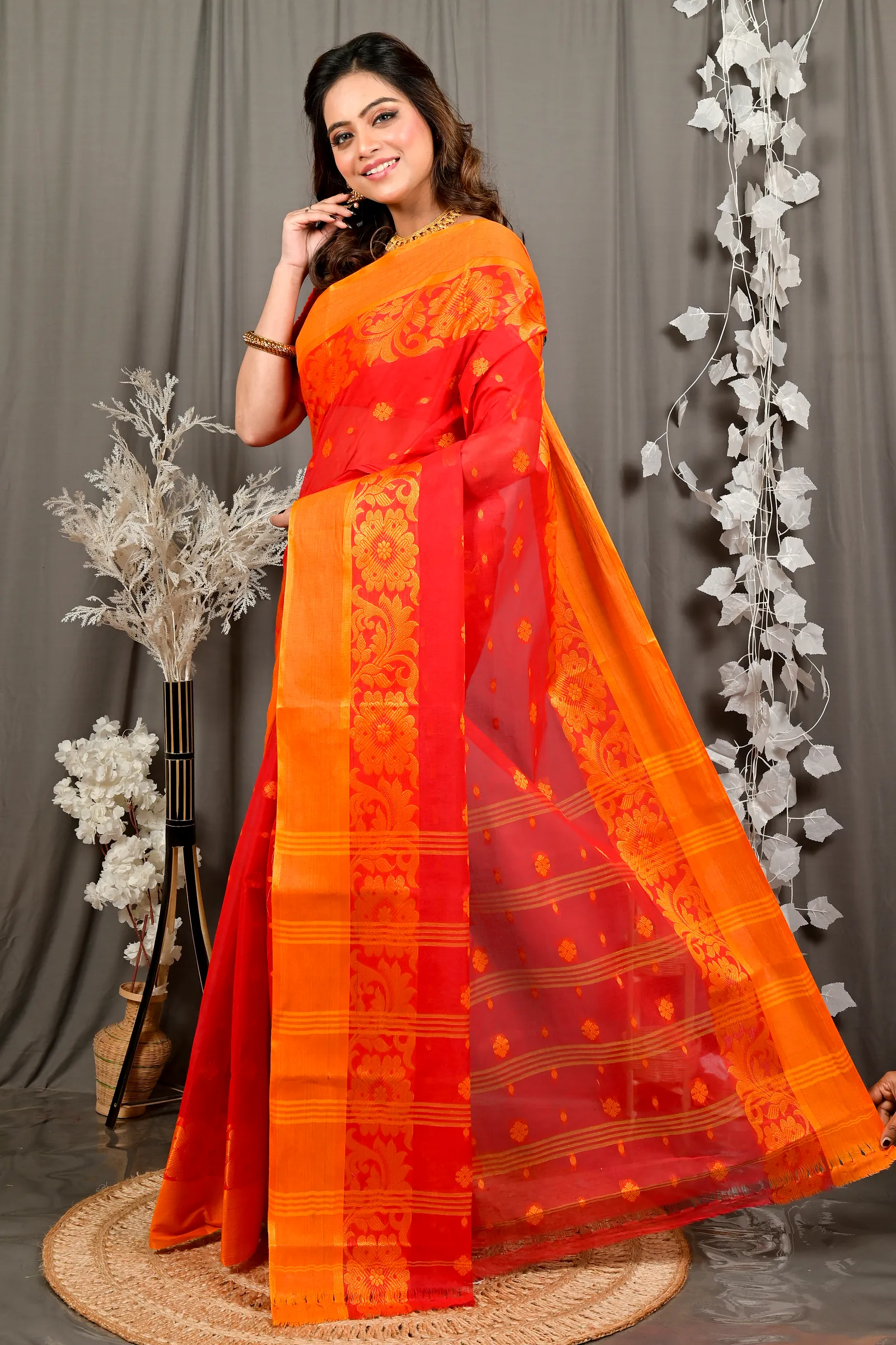 Red Pure Cotton Heruka Tant Saree (3140)