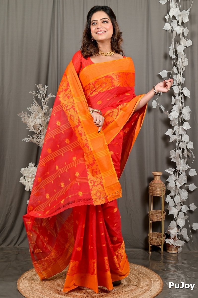 Red Pure Cotton Heruka Tant Saree (3140)