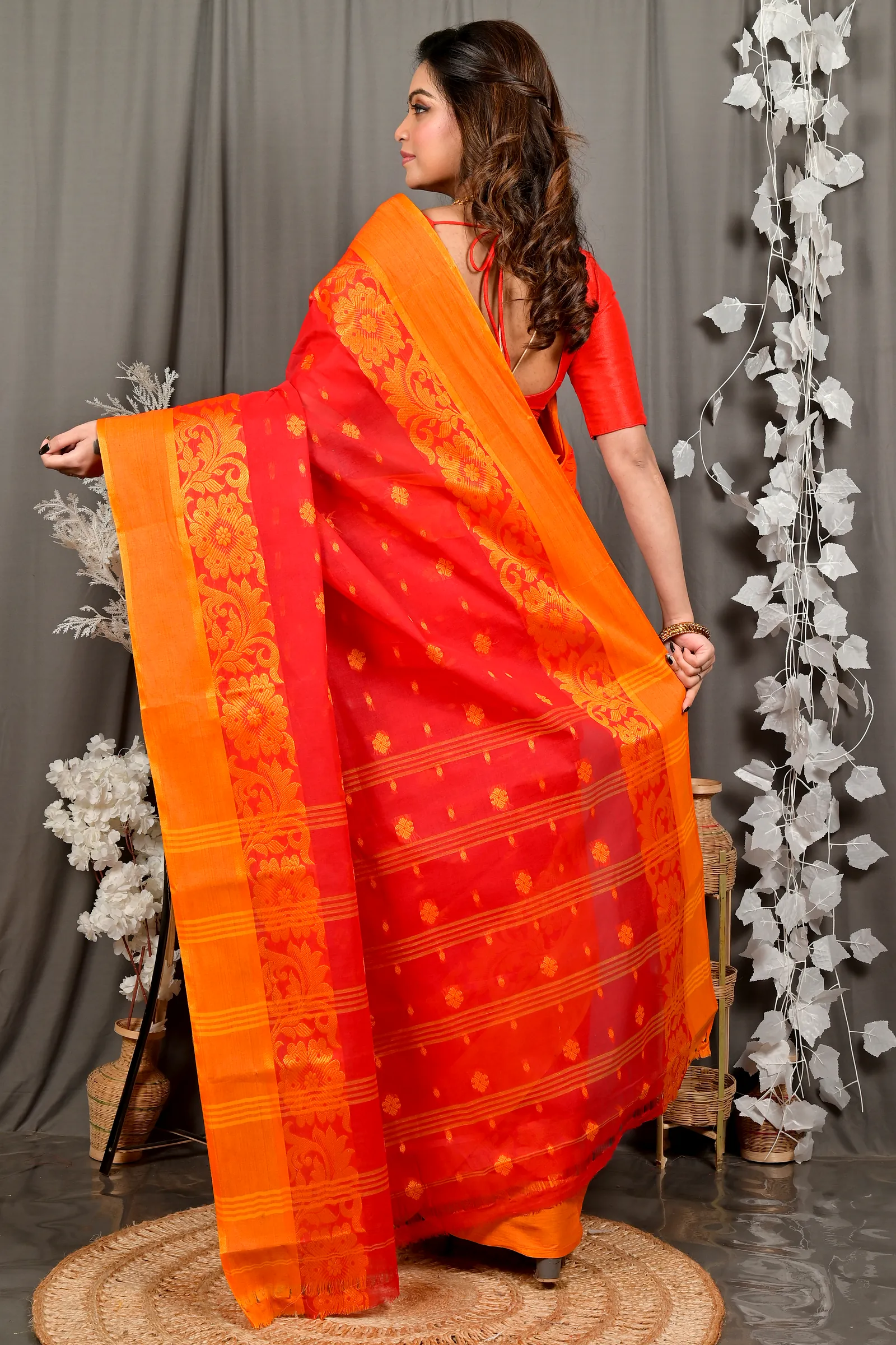 Red Pure Cotton Heruka Tant Saree (3140)
