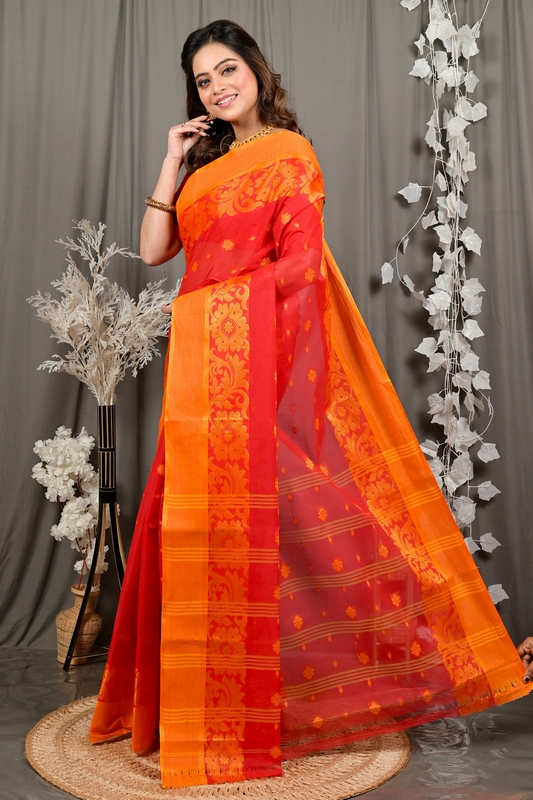 Red Pure Cotton Heruka Tant Saree (3140)