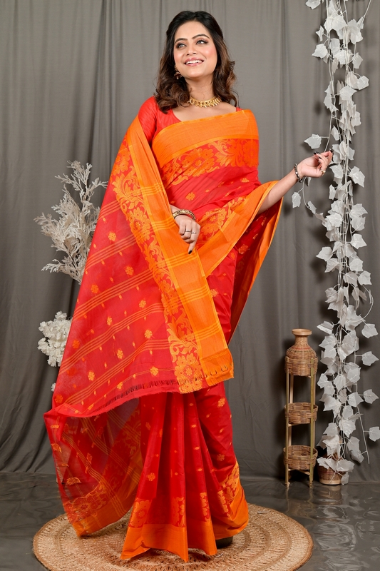 Red Pure Cotton Heruka Tant Saree (3140)