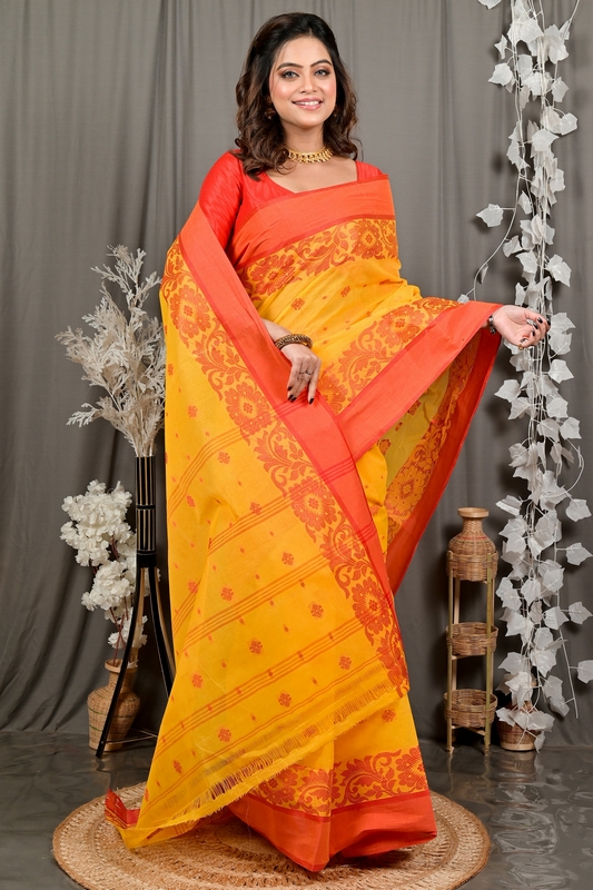 Yellow Red Pure Cotton Heruka Tant Saree (3141)