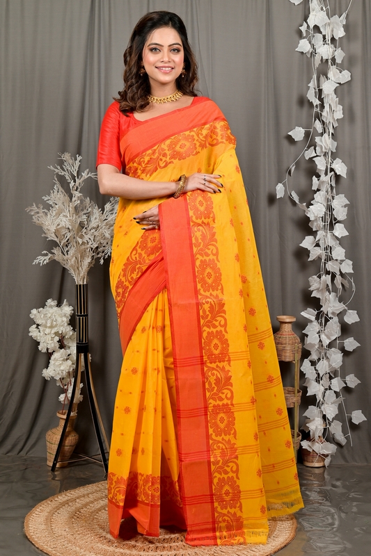 Yellow Red Pure Cotton Heruka Tant Saree (3141)