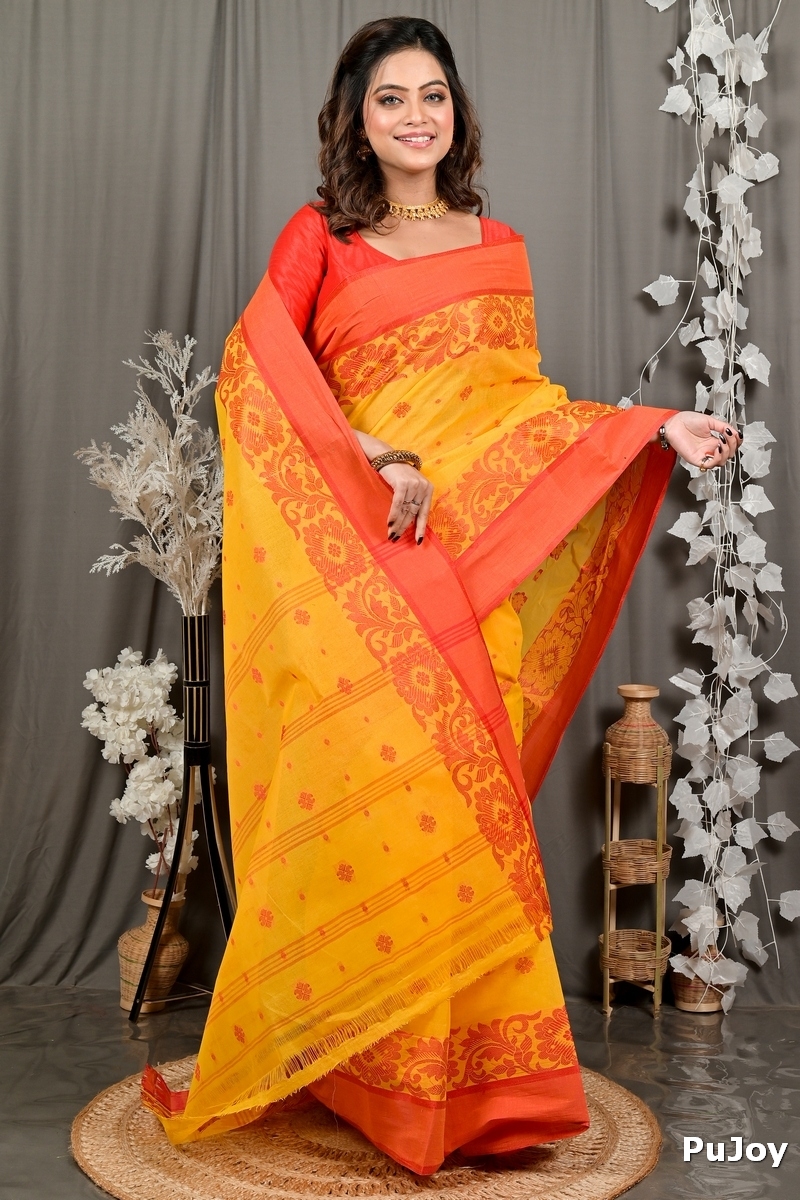 Yellow Red Pure Cotton Heruka Tant Saree (3141)