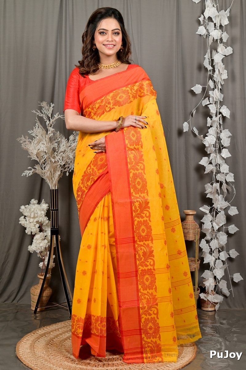 Yellow Red Pure Cotton Heruka Tant Saree (3141)