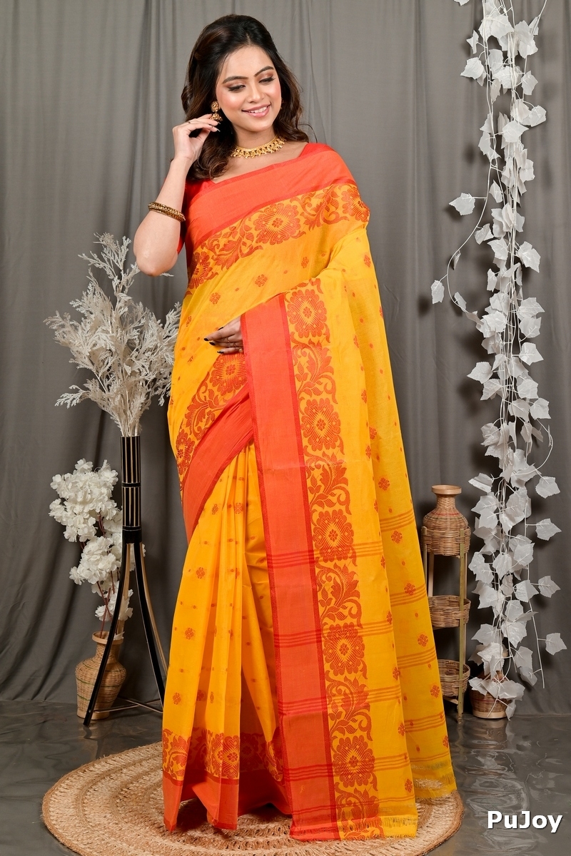 Yellow Red Pure Cotton Heruka Tant Saree (3141)