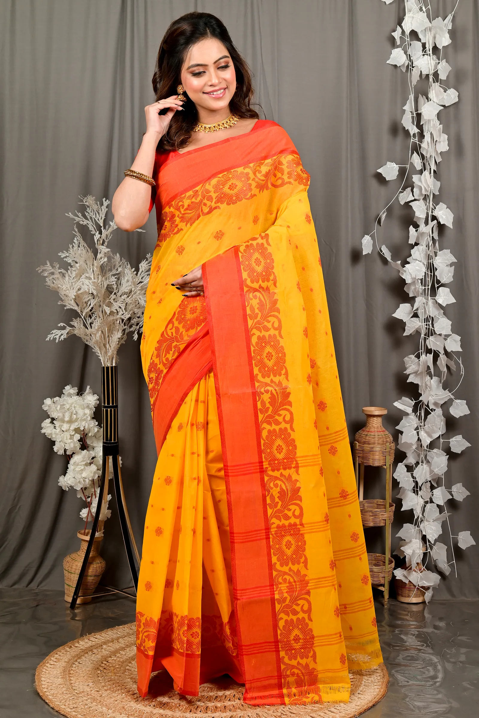 Yellow Red Pure Cotton Heruka Tant Saree (3141)
