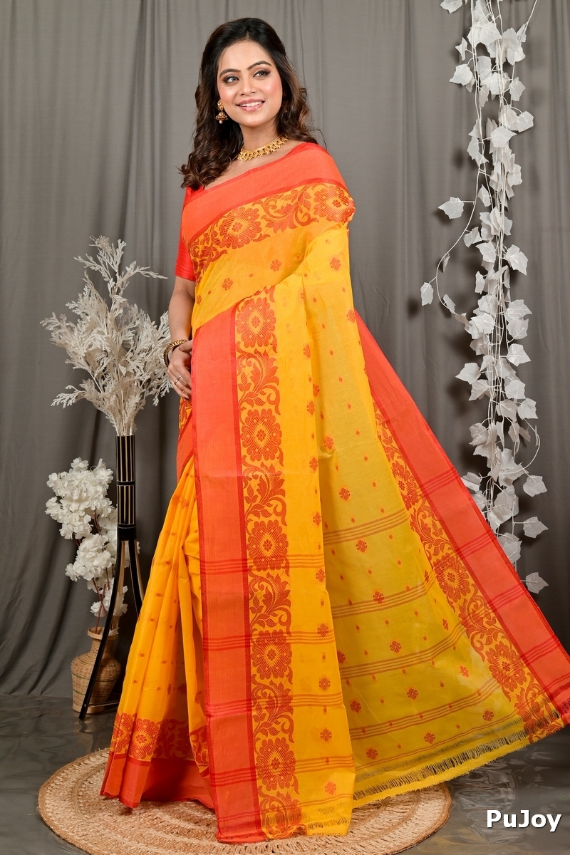 Yellow Red Pure Cotton Heruka Tant Saree (3141)