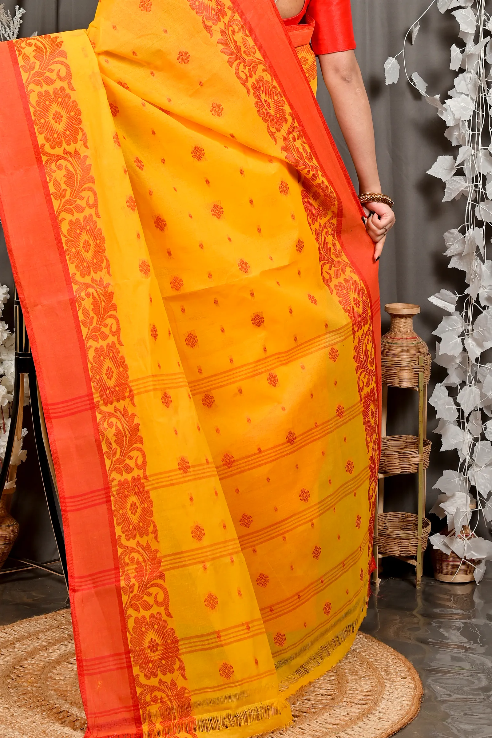 Yellow Red Pure Cotton Heruka Tant Saree (3141)