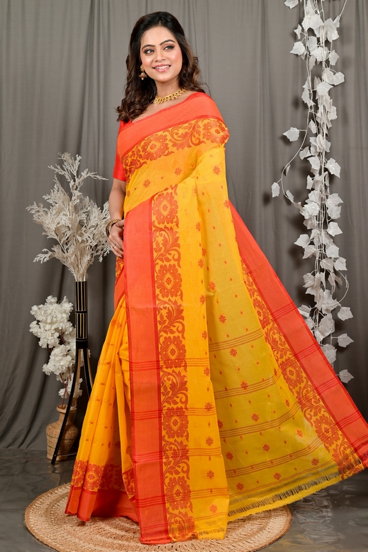 Yellow Red Pure Cotton Heruka Tant Saree (3141)