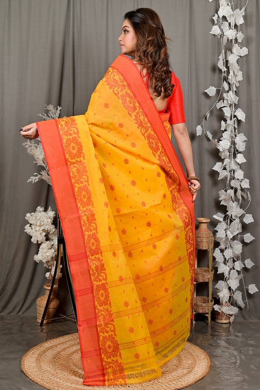 Yellow Red Pure Cotton Heruka Tant Saree (3141)