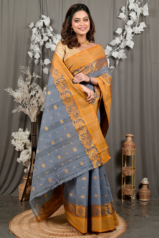Grey Pure Cotton Heruka Tant Saree (3142)
