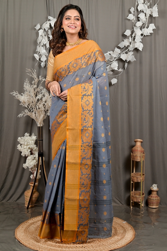 Grey Pure Cotton Heruka Tant Saree (3142)