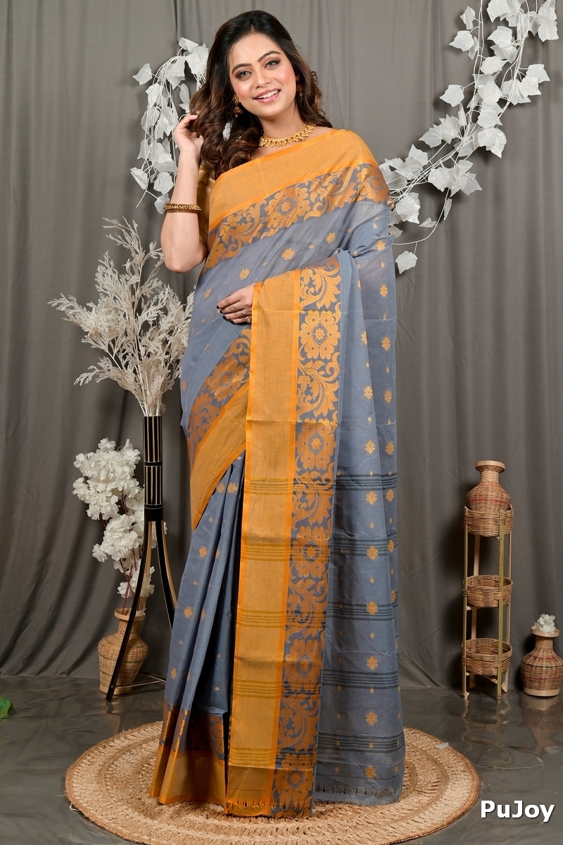 Grey Pure Cotton Heruka Tant Saree (3142)