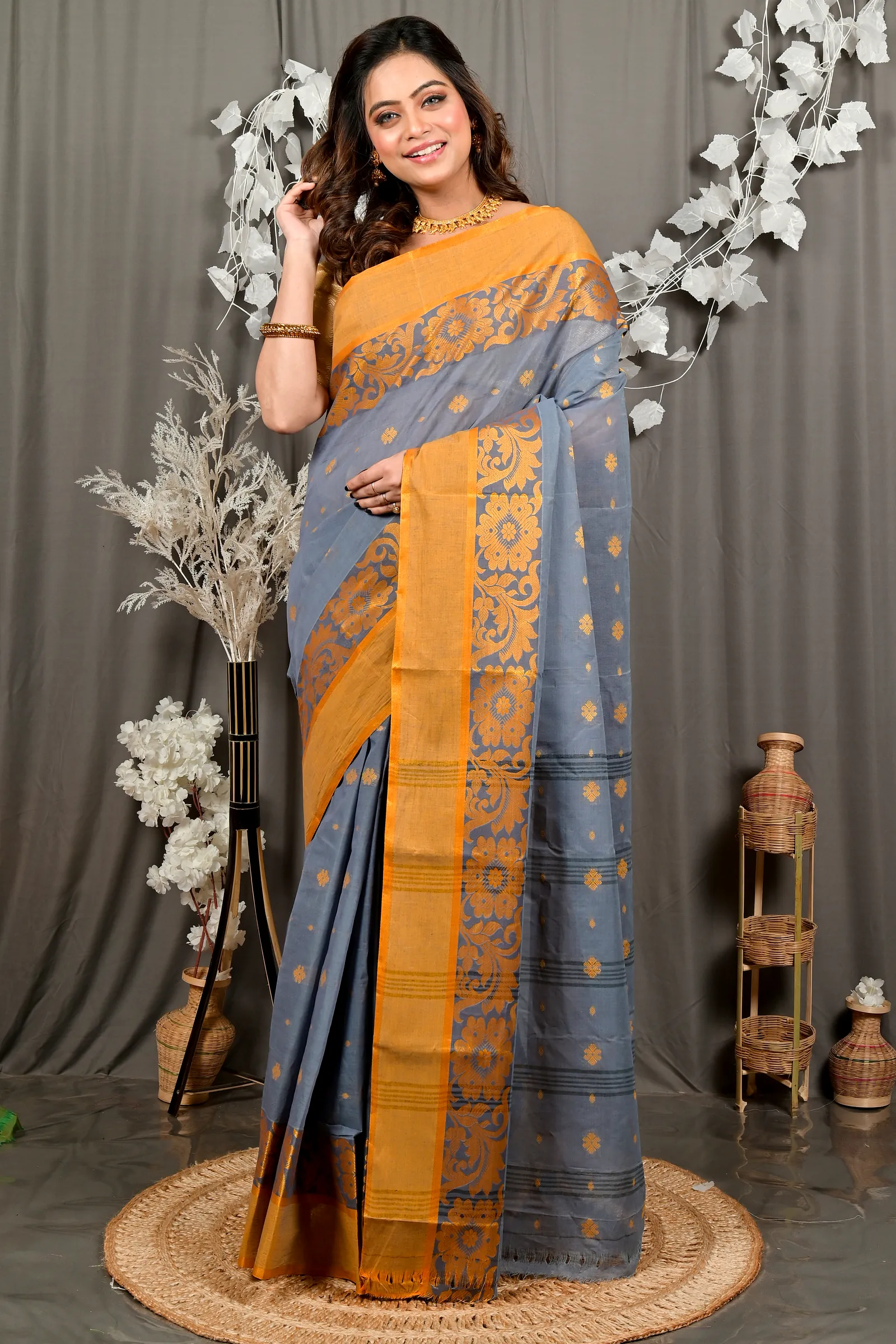 Grey Pure Cotton Heruka Tant Saree (3142)