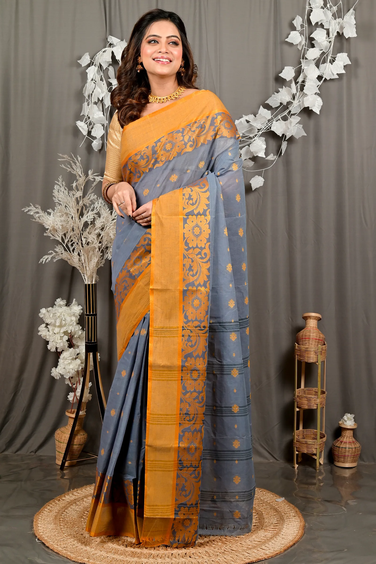 Grey Pure Cotton Heruka Tant Saree (3142)