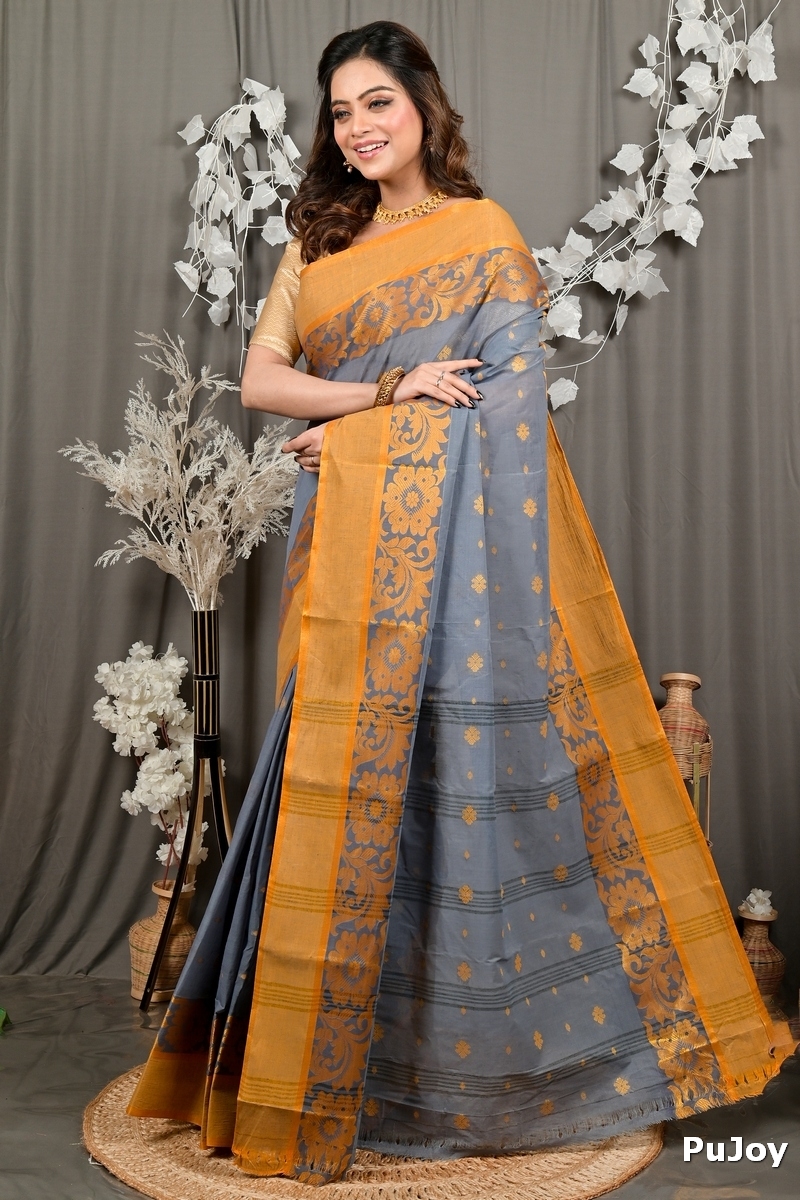 Grey Pure Cotton Heruka Tant Saree (3142)