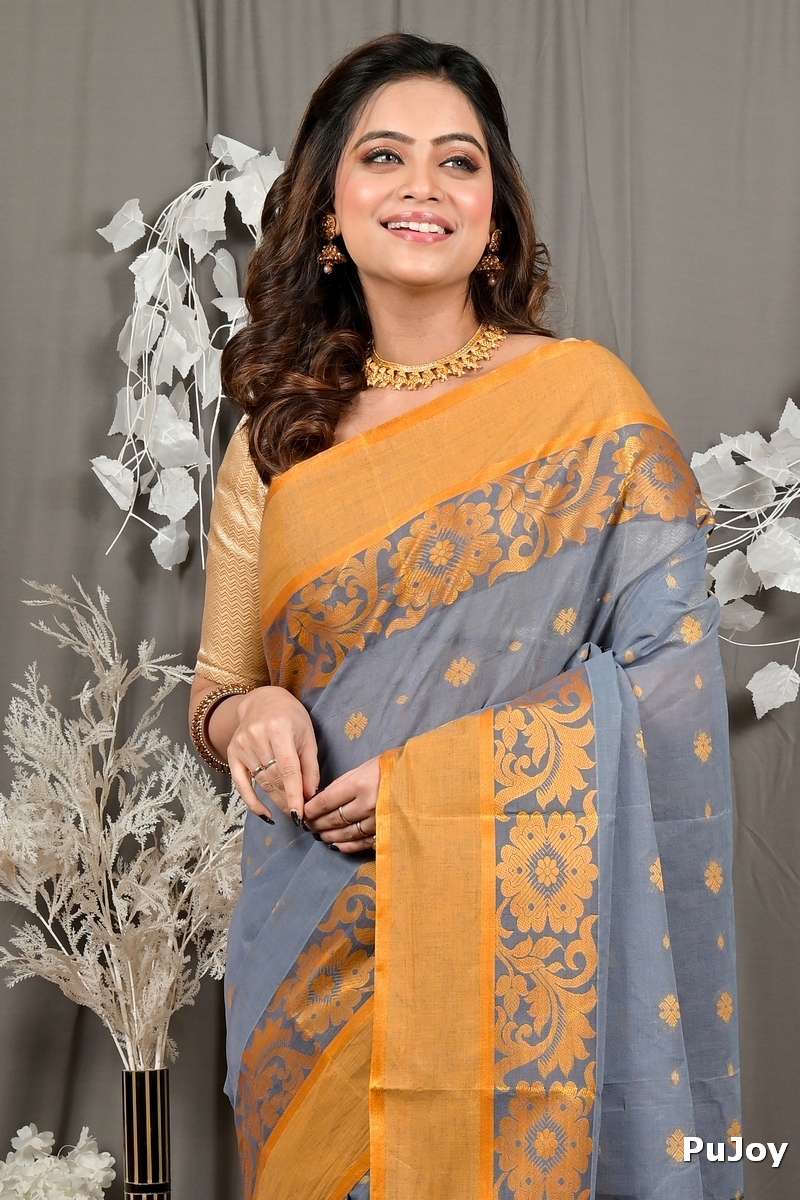 Grey Pure Cotton Heruka Tant Saree (3142)