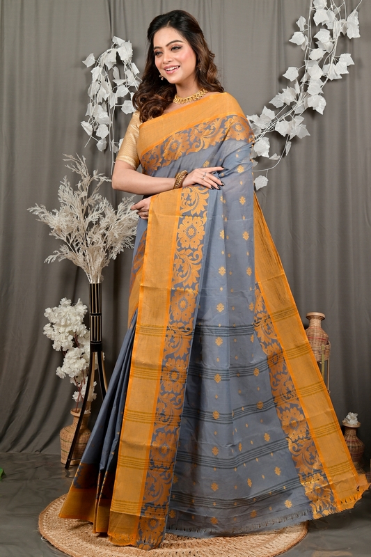 Grey Pure Cotton Heruka Tant Saree (3142)