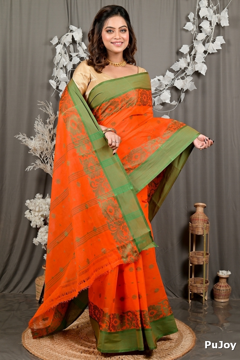 Orange Pure Cotton Heruka Tant Saree (3143)