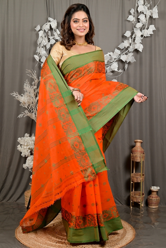 Orange Pure Cotton Heruka Tant Saree (3143)