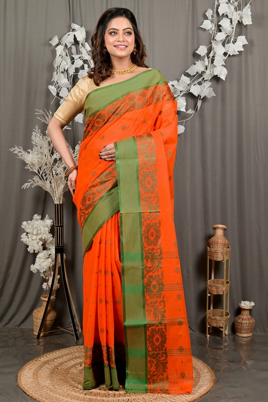 Orange Pure Cotton Heruka Tant Saree (3143)