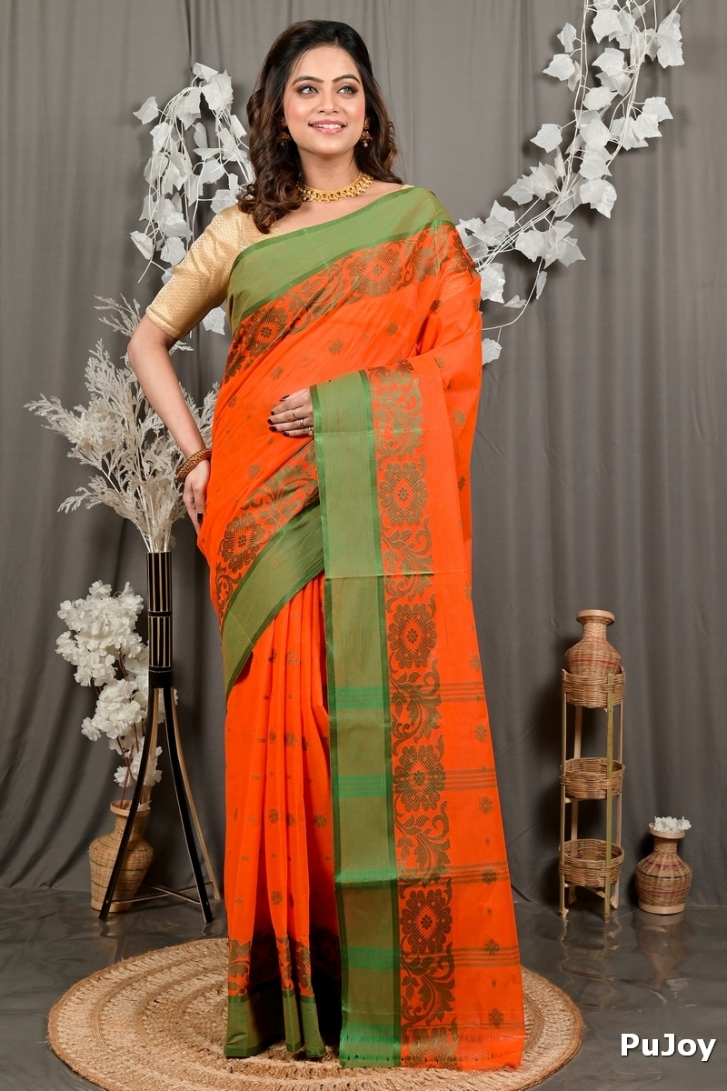 Orange Pure Cotton Heruka Tant Saree (3143)
