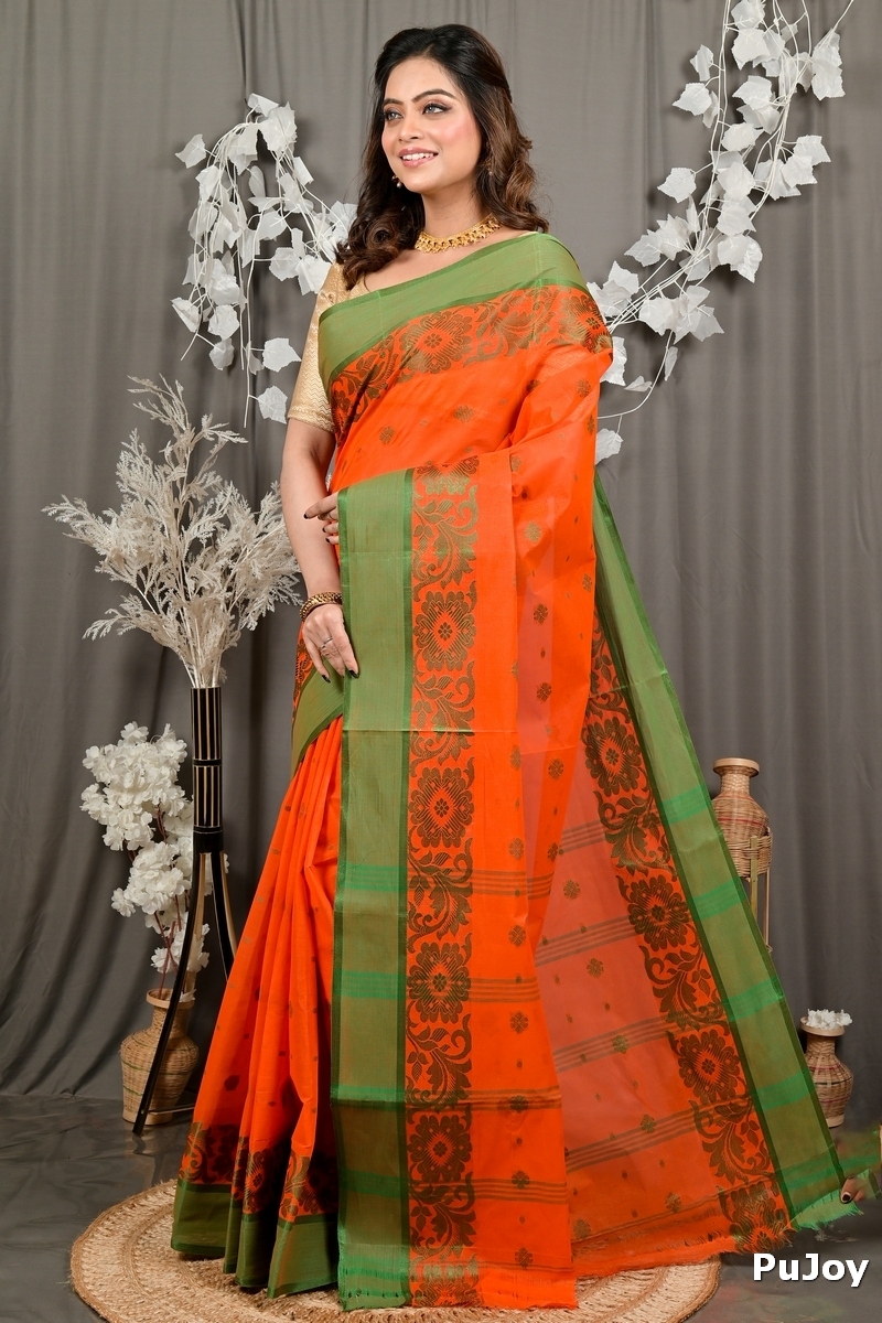 Orange Pure Cotton Heruka Tant Saree (3143)
